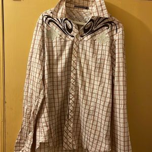 Monarchy orange/brown/ tan/ cream plaid button down shirt,large